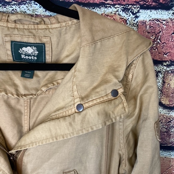 ROOTS distressed cargo khaki military utility cotton linen jacket size S - Picture 6 of 13